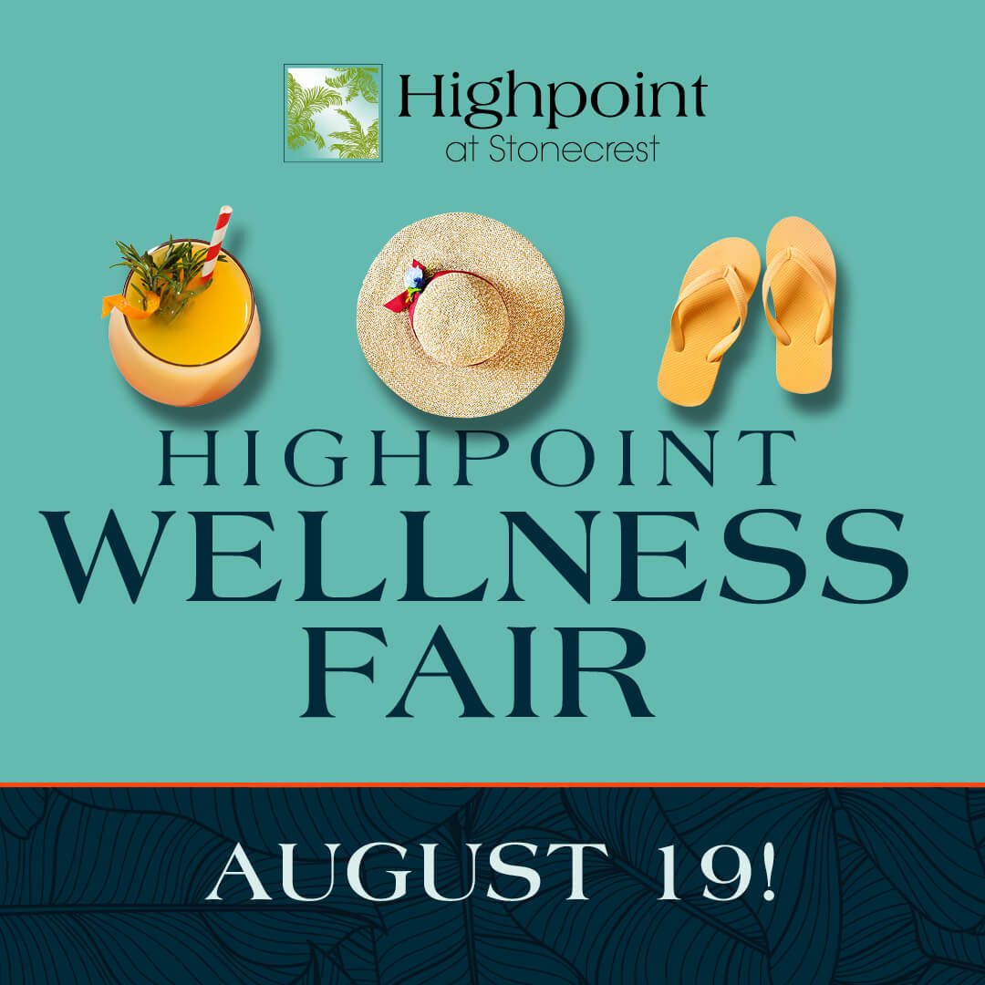 Blue background with orange cocktail, sun hat, and an orange pair of flip-flops with the words Highpoint Wellness Fair August 19.
